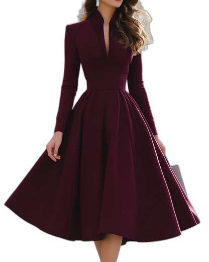 Elegant Burgundy Midi Dress for Women with V Neck Long Sleeve A Line Fit And Flare Cocktail Style