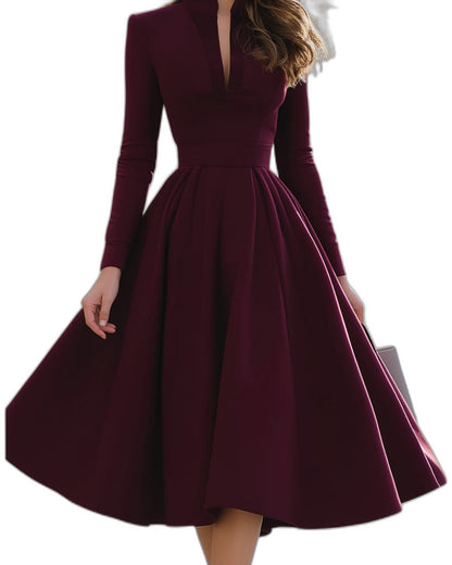 Elegant Burgundy Midi Dress for Women with V Neck Long Sleeve A Line Fit And Flare Cocktail Style