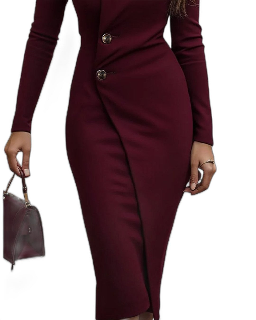 Elegant Burgundy Midi Dress for Women with V Neck Long Sleeve Bodycon Wrap Button Front Cocktail Style