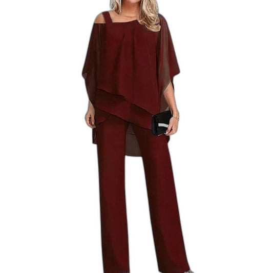 Elegant Burgundy Two Piece Set for Women with Wide Leg Flowing Cocktail Style