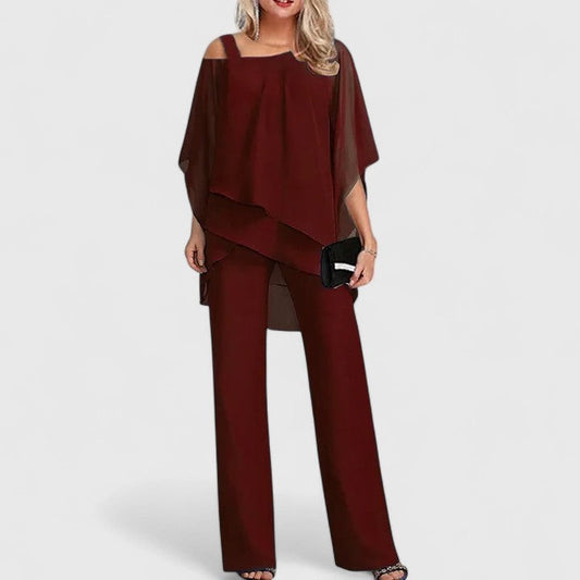 Elegant Burgundy Two Piece Set for Women with Wide Leg Flowing Cocktail Style