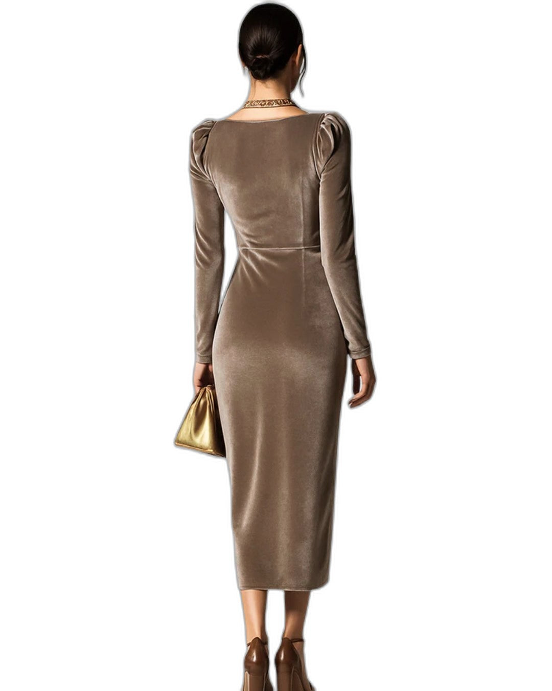 Elegant Burgundy Velvet Midi Dress for Women with Cowl Neck Long Sleeve Bodycon Pleated Ruched Cocktail Style