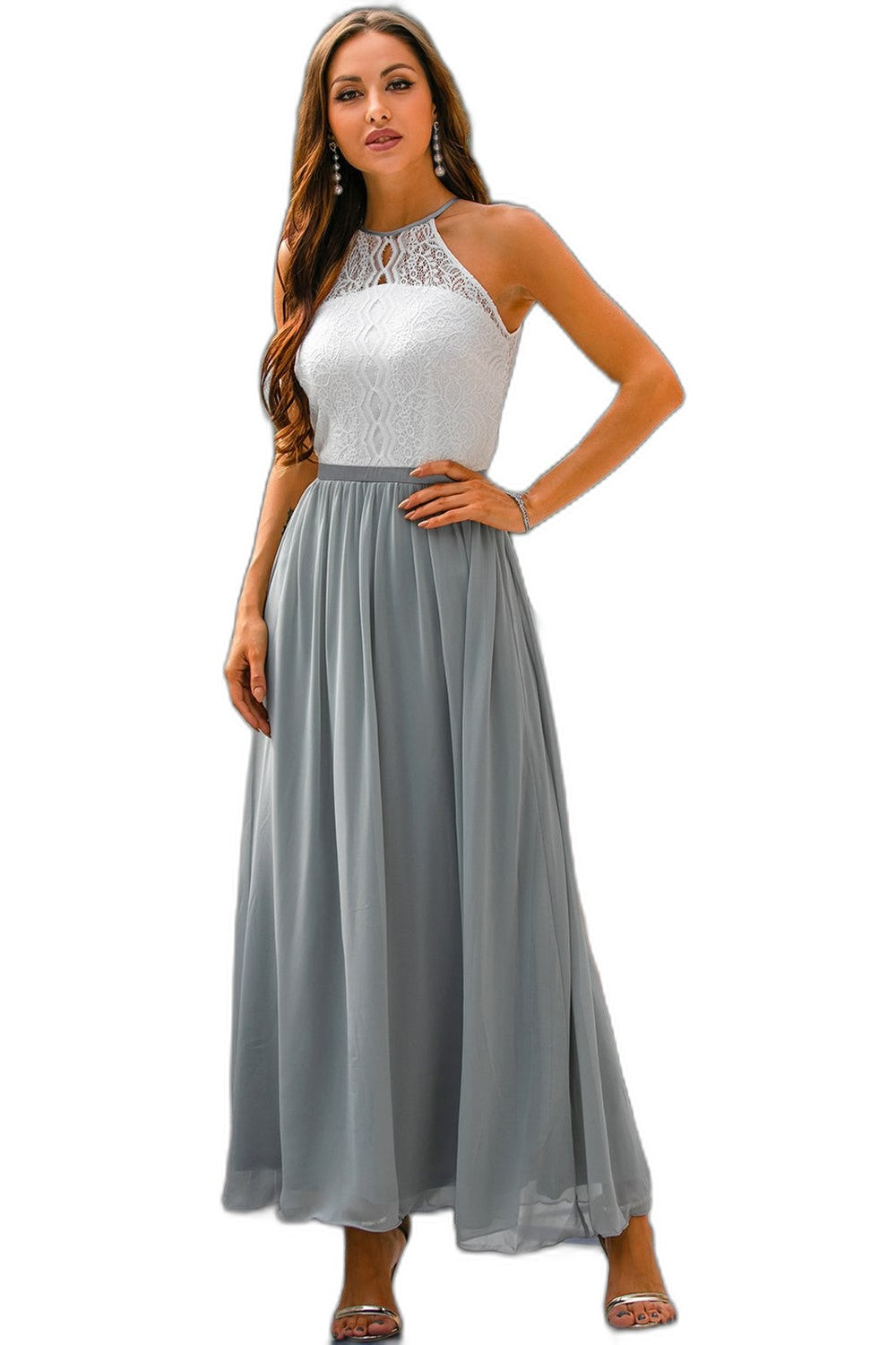 Elegant Chiffon Maxi Dress for Women with Halter Sleeveless A Line Flowing Formal Wedding Guest Style