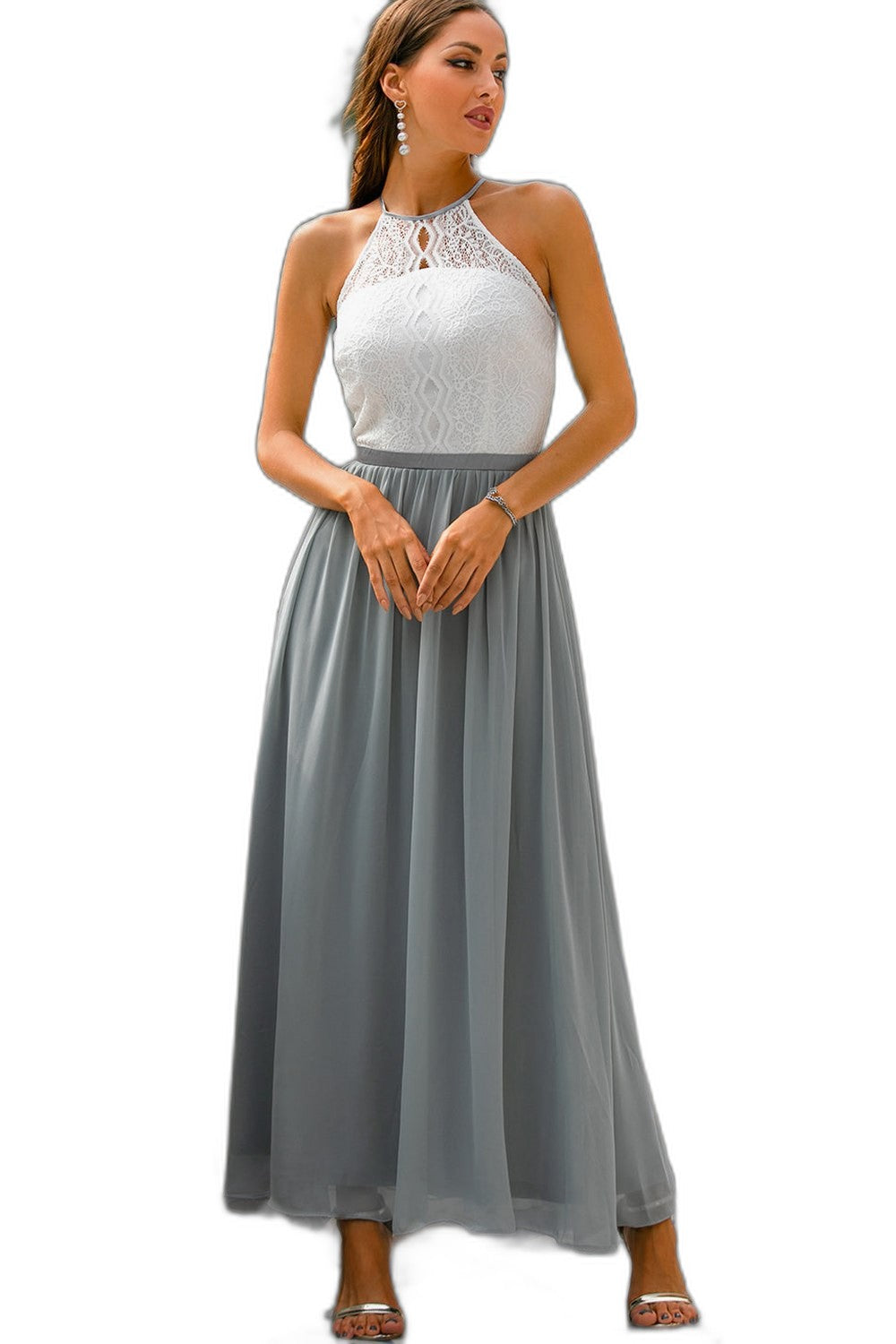 Elegant Chiffon Maxi Dress for Women with Halter Sleeveless A Line Flowing Formal Wedding Guest Style