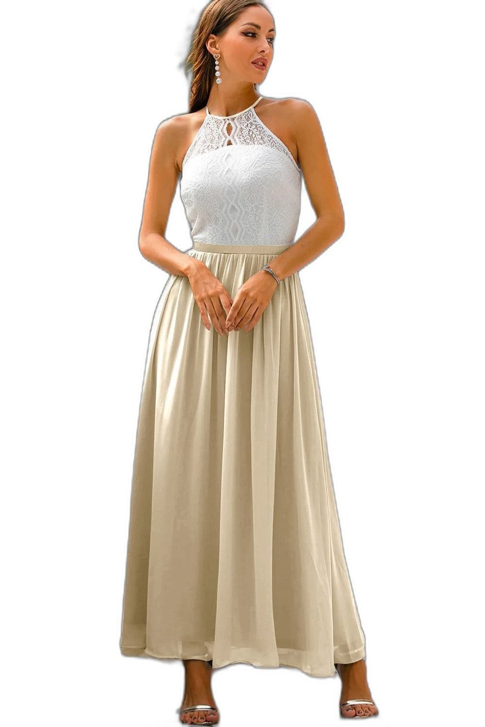 Elegant Chiffon Maxi Dress for Women with Halter Sleeveless A Line Flowing Formal Wedding Guest Style