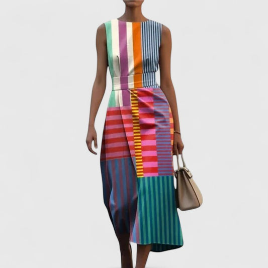 Elegant Color Block Midi Dress for Women with Crew Neck Sleeveless Straight Leg Party Style