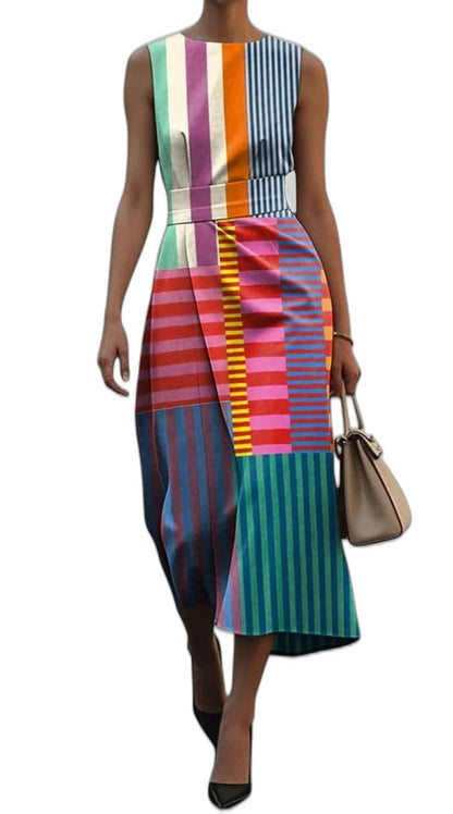 Elegant Color Block Midi Dress for Women with Crew Neck Sleeveless Straight Leg Party Style