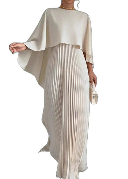 Elegant Cream Chiffon Maxi Dress for Women with High Neck Long Sleeve Pleated Flowing Formal Style