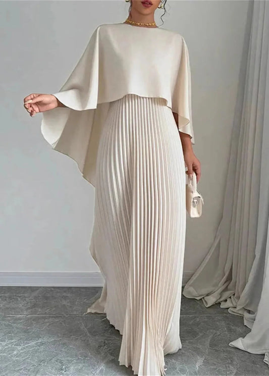 Elegant Cream Chiffon Maxi Dress for Women with High Neck Long Sleeve Pleated Flowing Formal Style