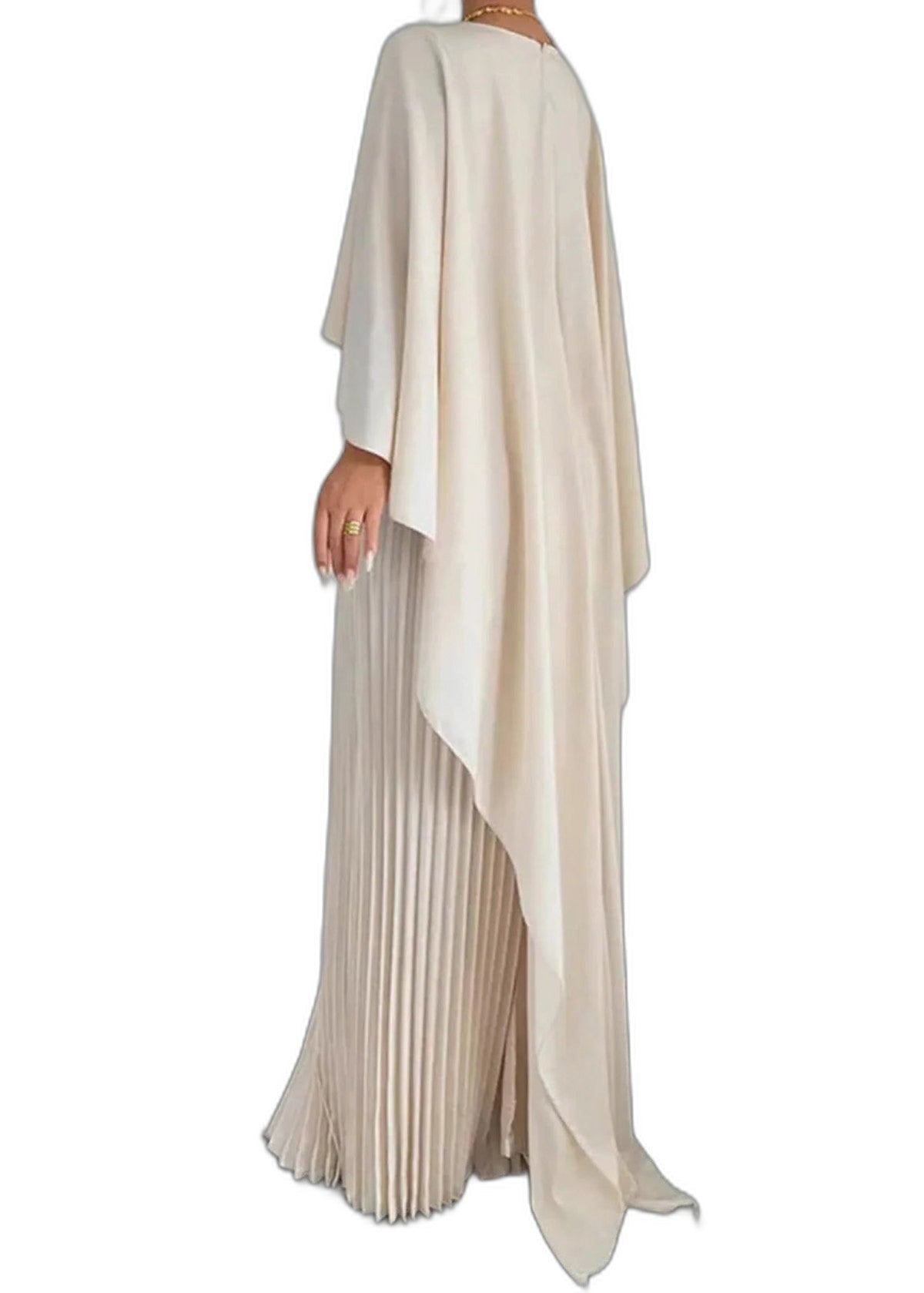 Elegant Cream Chiffon Maxi Dress for Women with High Neck Long Sleeve Pleated Flowing Formal Style
