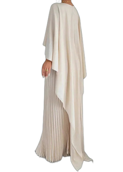 Elegant Cream Chiffon Maxi Dress for Women with High Neck Long Sleeve Pleated Flowing Formal Style