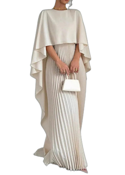 Elegant Cream Chiffon Maxi Dress for Women with High Neck Long Sleeve Pleated Flowing Formal Style