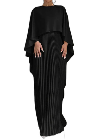 Elegant Cream Chiffon Maxi Dress for Women with High Neck Long Sleeve Pleated Flowing Formal Style
