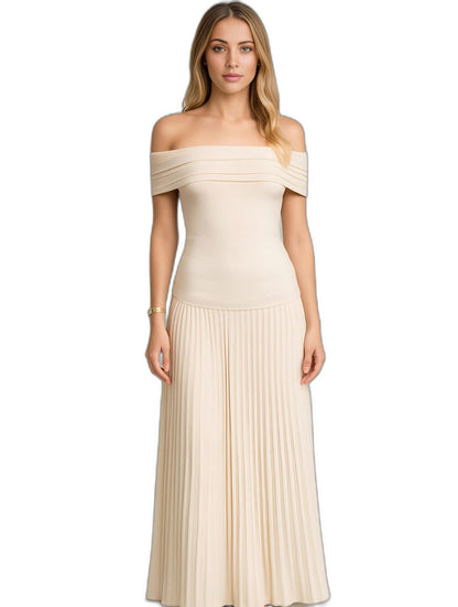 Elegant Cream Knit Maxi Dress for Women with Off Shoulder Short Sleeve A Line Pleated Cocktail Style