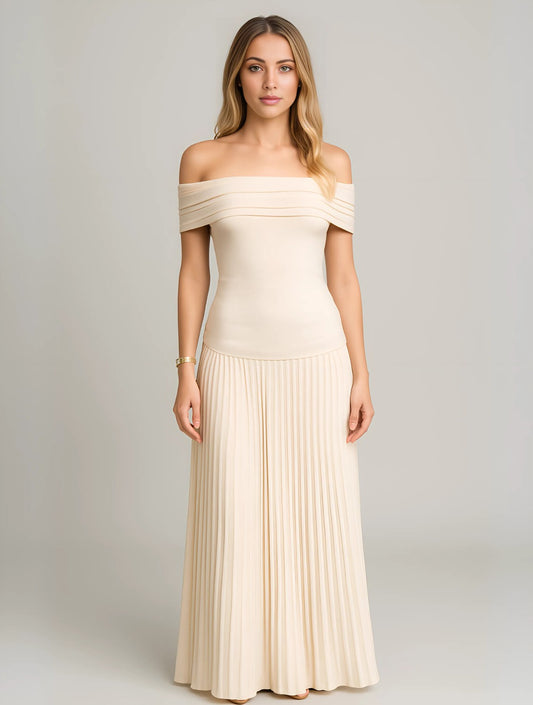 Elegant Cream Knit Maxi Dress for Women with Off Shoulder Short Sleeve A Line Pleated Cocktail Style