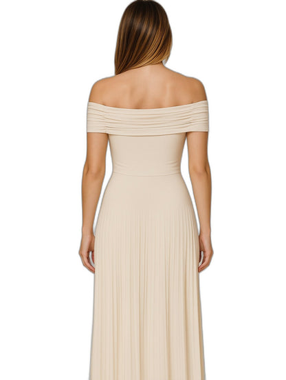 Elegant Cream Knit Maxi Dress for Women with Off Shoulder Short Sleeve A Line Pleated Cocktail Style