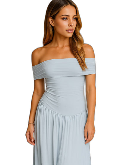 Elegant Cream Knit Maxi Dress for Women with Off Shoulder Short Sleeve A Line Pleated Cocktail Style