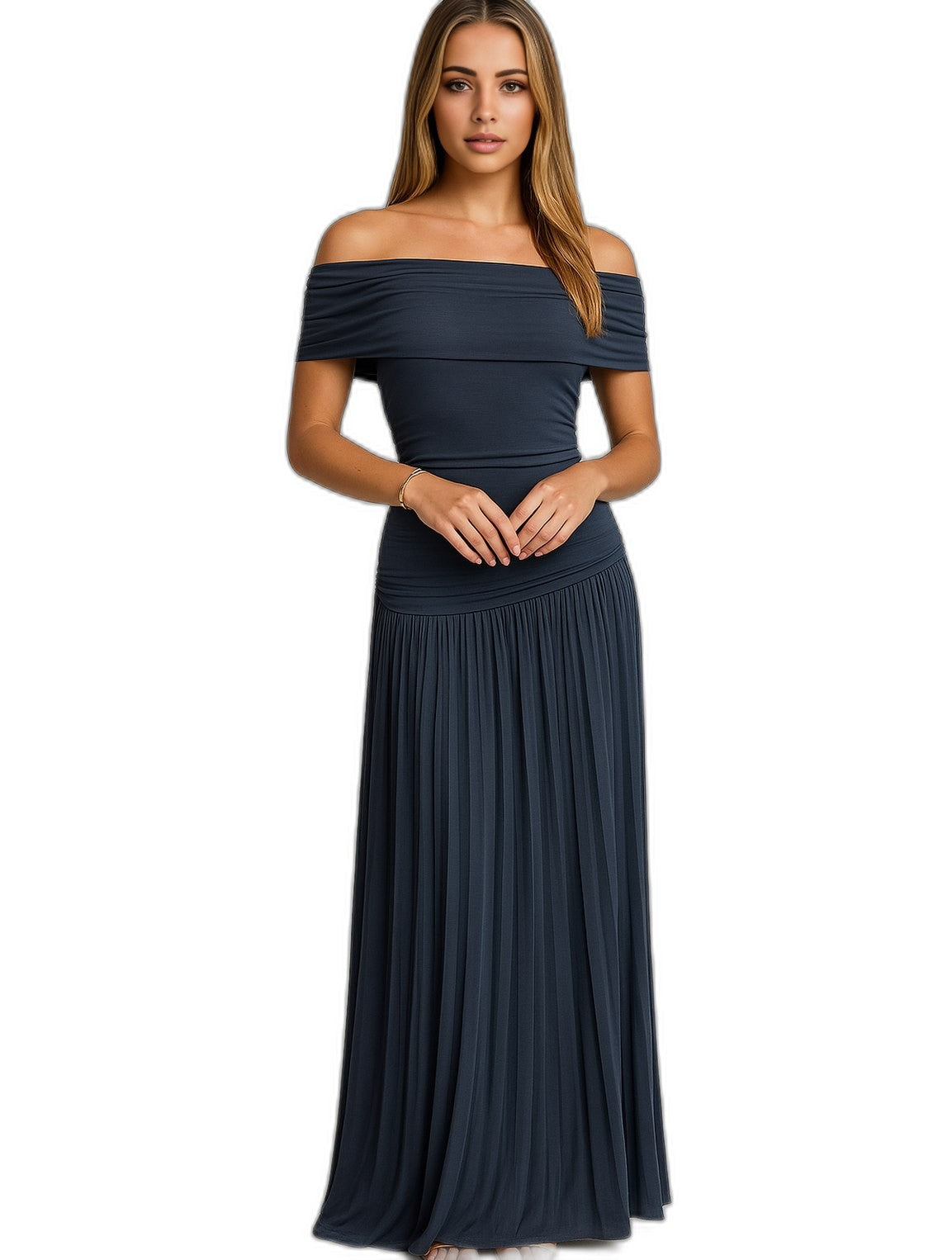 Elegant Cream Knit Maxi Dress for Women with Off Shoulder Short Sleeve A Line Pleated Cocktail Style