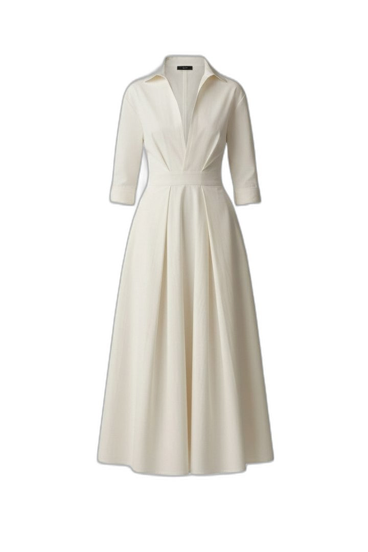 Elegant Cream Midi Dress for Women with Collared Elbow Sleeve Pleated Button Front Fit And Flare Office Style