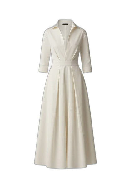 Elegant Cream Midi Dress for Women with Collared Elbow Sleeve Pleated Button Front Fit And Flare Office Style