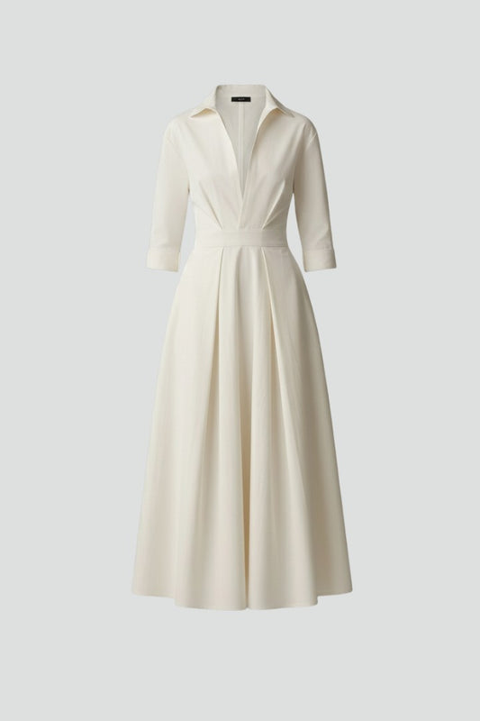 Elegant Cream Midi Dress for Women with Collared Elbow Sleeve Pleated Button Front Fit And Flare Office Style
