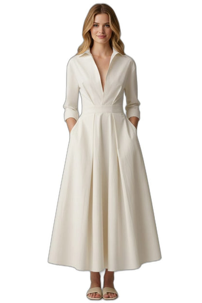 Elegant Cream Midi Dress for Women with Collared Elbow Sleeve Pleated Button Front Fit And Flare Office Style