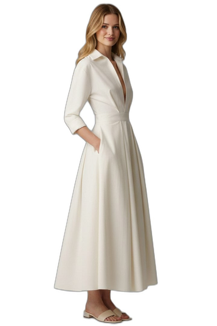 Elegant Cream Midi Dress for Women with Collared Elbow Sleeve Pleated Button Front Fit And Flare Office Style