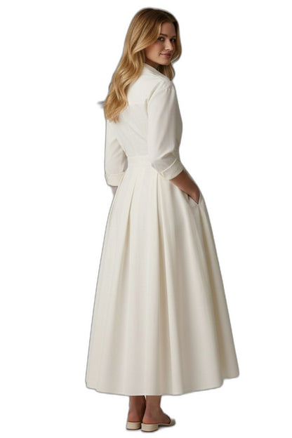 Elegant Cream Midi Dress for Women with Collared Elbow Sleeve Pleated Button Front Fit And Flare Office Style