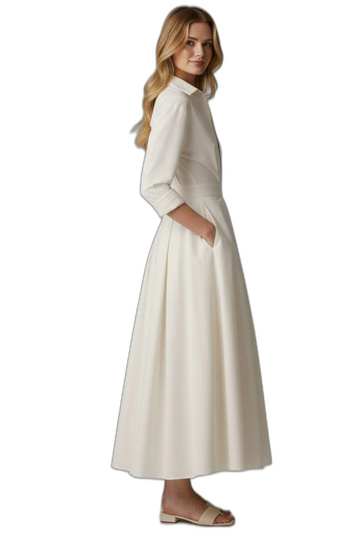 Elegant Cream Midi Dress for Women with Collared Elbow Sleeve Pleated Button Front Fit And Flare Office Style