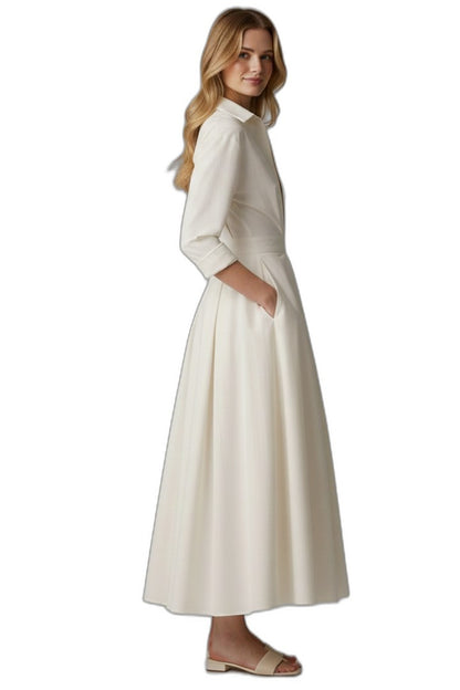 Elegant Cream Midi Dress for Women with Collared Elbow Sleeve Pleated Button Front Fit And Flare Office Style