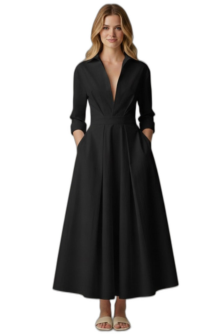 Elegant Cream Midi Dress for Women with Collared Elbow Sleeve Pleated Button Front Fit And Flare Office Style