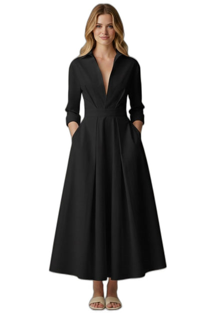 Elegant Cream Midi Dress for Women with Collared Elbow Sleeve Pleated Button Front Fit And Flare Office Style