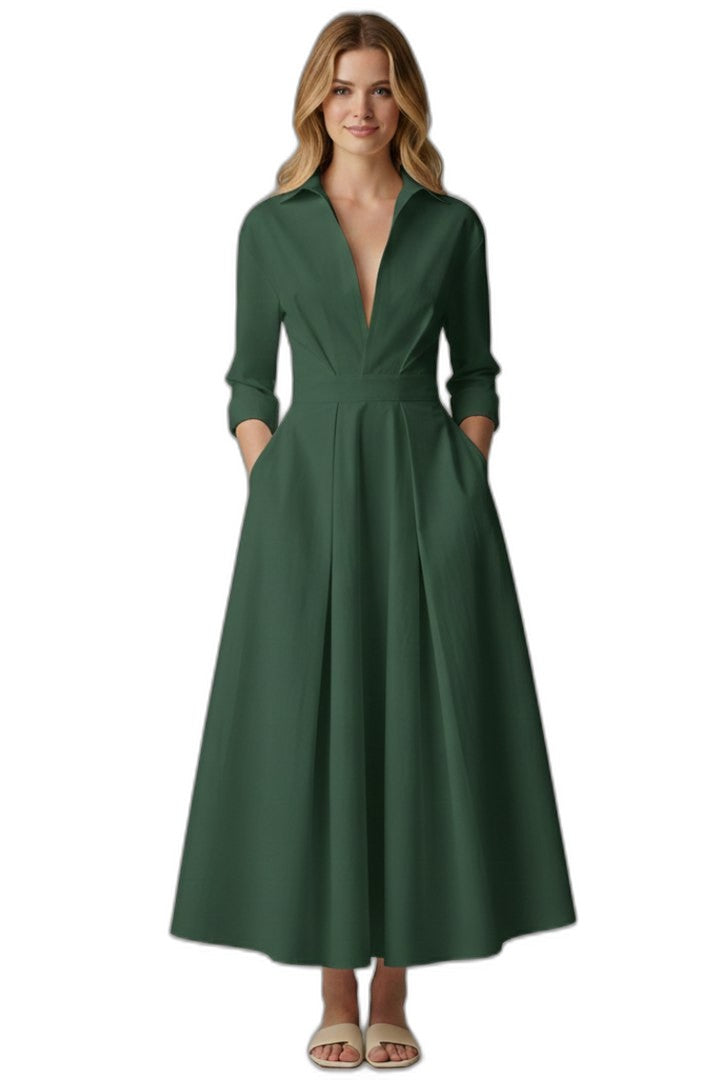 Elegant Cream Midi Dress for Women with Collared Elbow Sleeve Pleated Button Front Fit And Flare Office Style