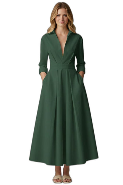 Elegant Cream Midi Dress for Women with Collared Elbow Sleeve Pleated Button Front Fit And Flare Office Style