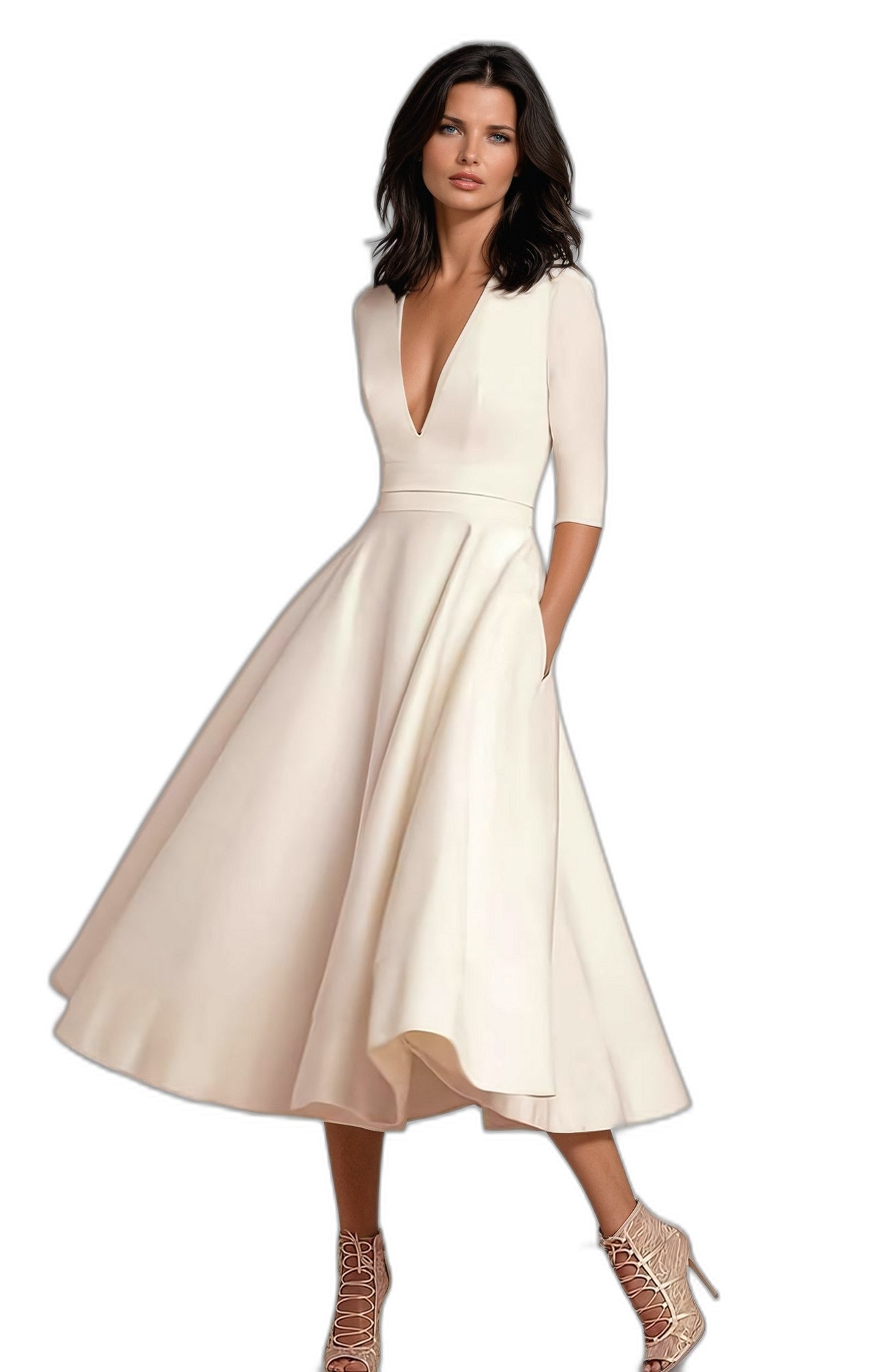 Elegant Cream Midi Dress for Women with V Neck Elbow Sleeve A Line Fit And Flare Cocktail Style