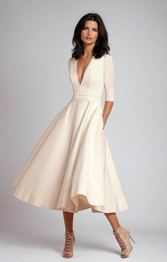Elegant Cream Midi Dress for Women with V Neck Elbow Sleeve A Line Fit And Flare Cocktail Style