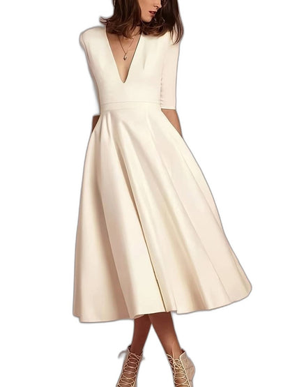 Elegant Cream Midi Dress for Women with V Neck Elbow Sleeve A Line Fit And Flare Cocktail Style