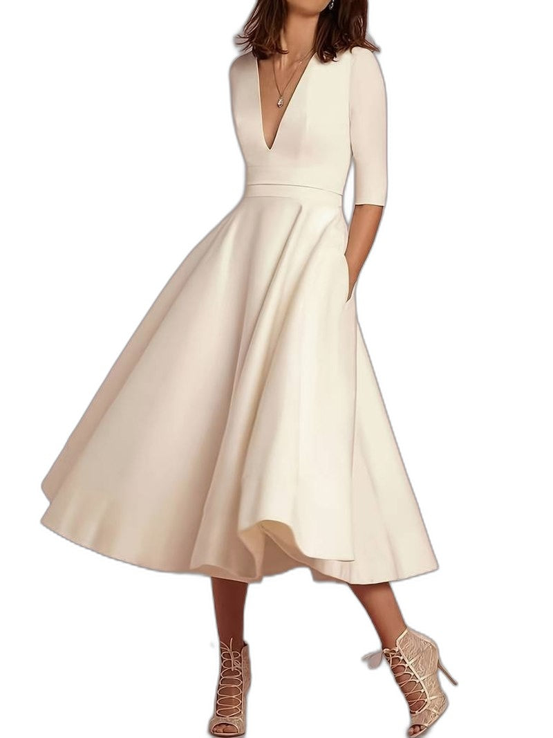 Elegant Cream Midi Dress for Women with V Neck Elbow Sleeve A Line Fit And Flare Cocktail Style