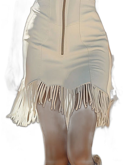 Elegant Cream Mini Dress for Women with Collared Sleeveless Bodycon Fringe Party Style