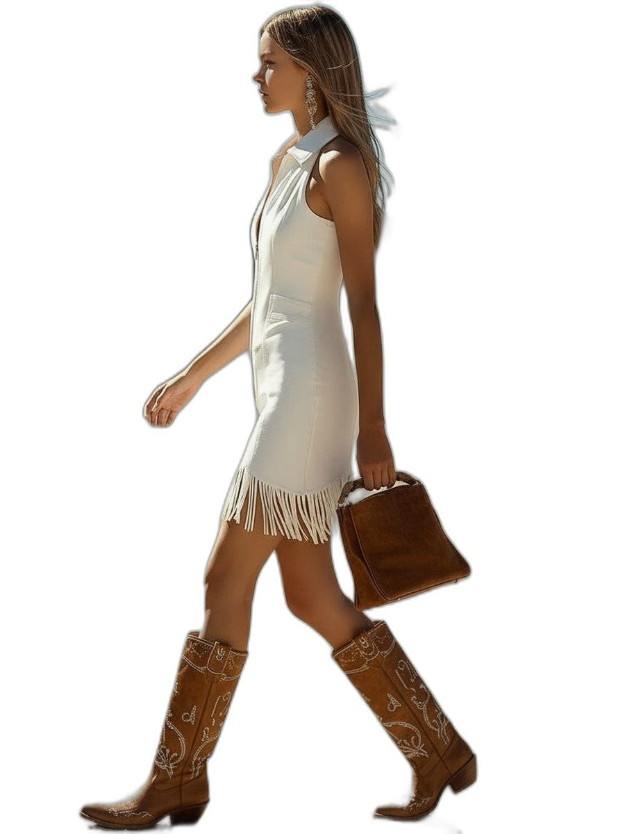 Elegant Cream Mini Dress for Women with Collared Sleeveless Bodycon Fringe Party Style