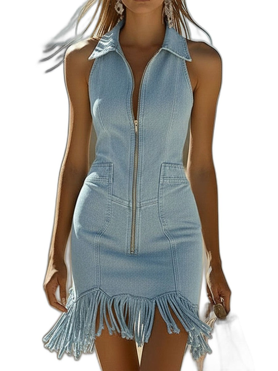 Elegant Cream Mini Dress for Women with Collared Sleeveless Bodycon Fringe Party Style