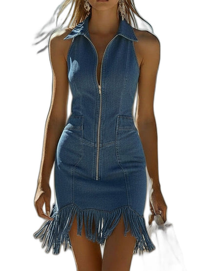 Elegant Cream Mini Dress for Women with Collared Sleeveless Bodycon Fringe Party Style