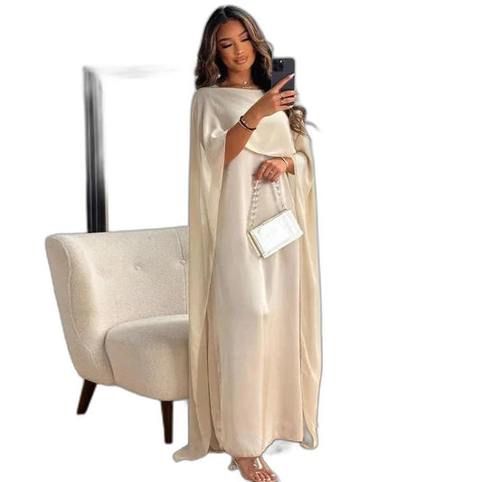 Elegant Cream Satin Maxi Dress for Women with One Shoulder Long Sleeve Flowing Formal Style