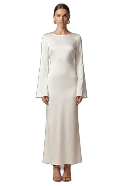 Elegant Cream Satin Maxi Dress for Women with Round Neck Long Sleeve Tie Waist Straight Leg Cocktail Style