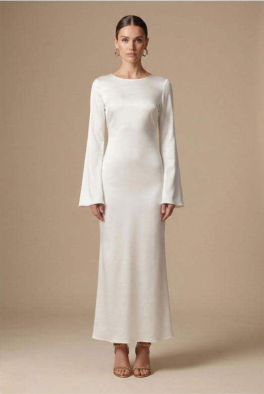 Elegant Cream Satin Maxi Dress for Women with Round Neck Long Sleeve Tie Waist Straight Leg Cocktail Style