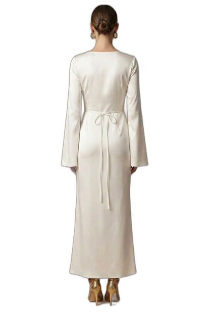 Elegant Cream Satin Maxi Dress for Women with Round Neck Long Sleeve Tie Waist Straight Leg Cocktail Style