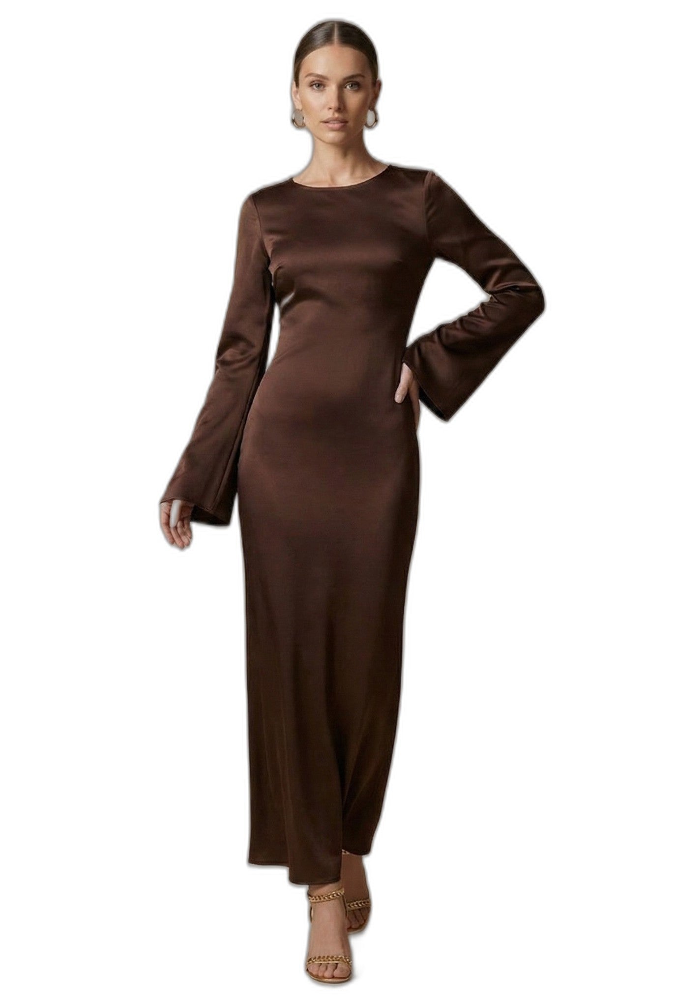 Elegant Cream Satin Maxi Dress for Women with Round Neck Long Sleeve Tie Waist Straight Leg Cocktail Style