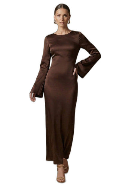 Elegant Cream Satin Maxi Dress for Women with Round Neck Long Sleeve Tie Waist Straight Leg Cocktail Style