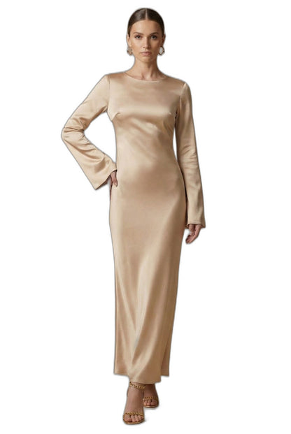 Elegant Cream Satin Maxi Dress for Women with Round Neck Long Sleeve Tie Waist Straight Leg Cocktail Style
