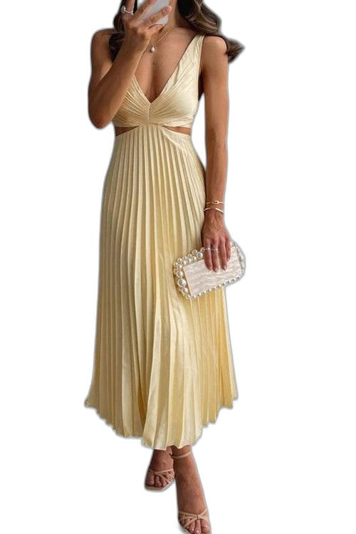 Elegant Cream Satin Maxi Dress for Women with V Neck Sleeveless Pleated Flowing Cocktail Style